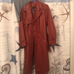 Reddish brown leather trench coat